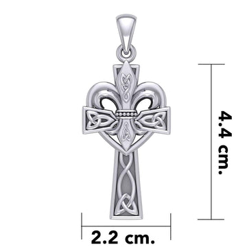 A powerful combination of Celtic elements ~ Sterling Silver Jewelry Pendant in Fleur-de-Lis and Celtic Cross TPD5994 - Jewelry
